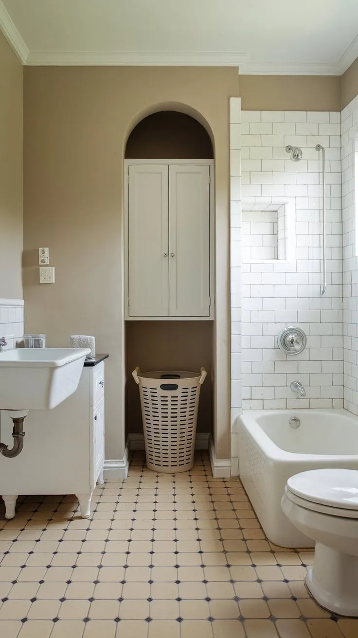 This clever bathroom nook provides a practical laundry solution without sacrificing style. The seamless integration of the laundry basket into the bathroom layout, achieved through thoughtful bathroom redesign, offers both functionality and a clean aesthetic. The beige walls and black and beige tiled floor complement the white fixtures, creating a calming bathroom design inspiration. This bathroom design decor showcases how to incorporate laundry in the bathroom effectively, providing ample shower ideas and overall bathroom inspiration decor.