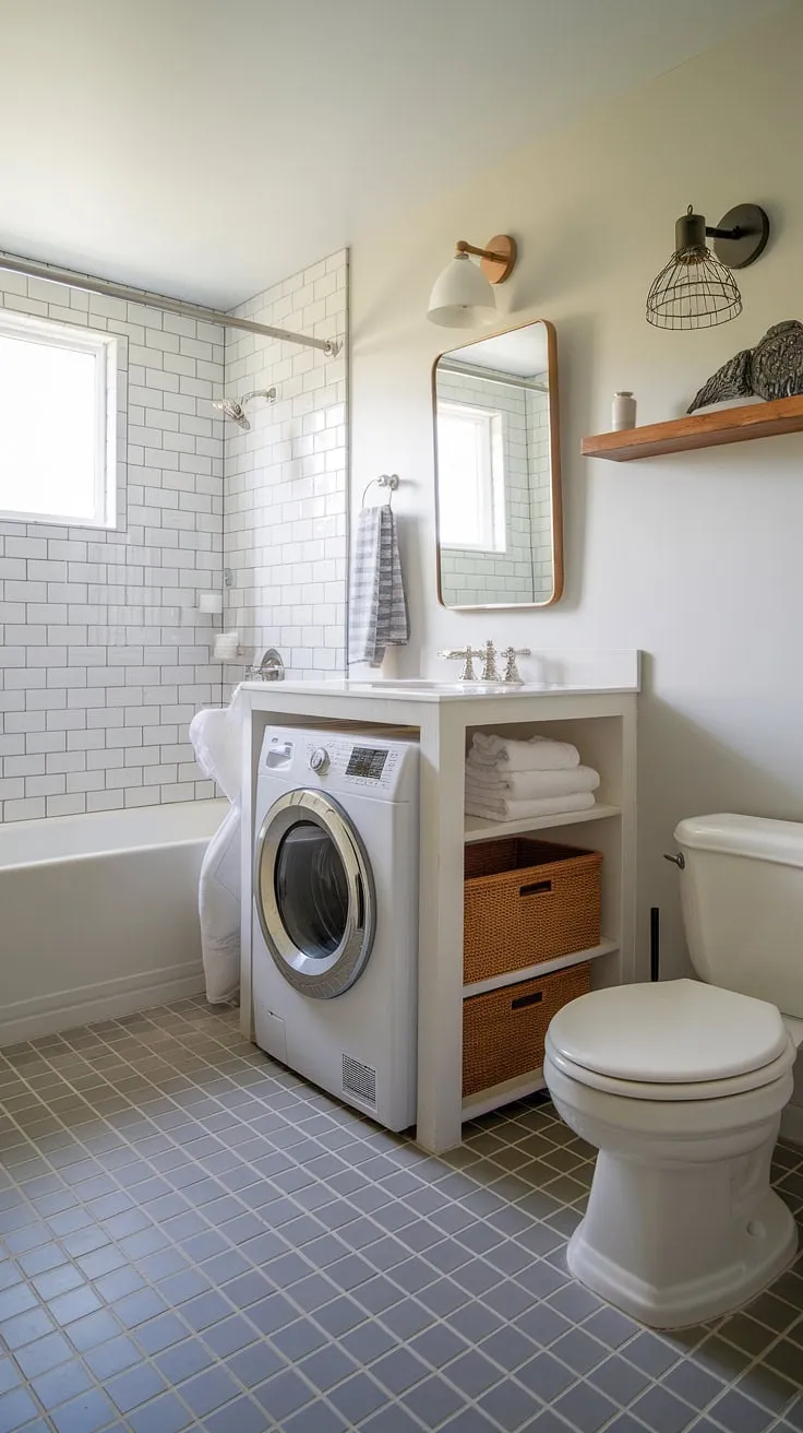This bathroom redesign boasts a clever laundry nook, seamlessly integrating washing machine and dryer into the space. The bright white fixtures, including the bathtub and sink, contrast beautifully with the grey and white tiled floor, creating a clean and modern aesthetic. The wooden shelf and decorative lamp add warmth, while the thoughtful bathroom layout maximizes space and functionality. This bathroom design inspiration showcases practical shower ideas and stylish bathroom design decor, offering plenty of bathroom inspiration decor for your own renovation.
