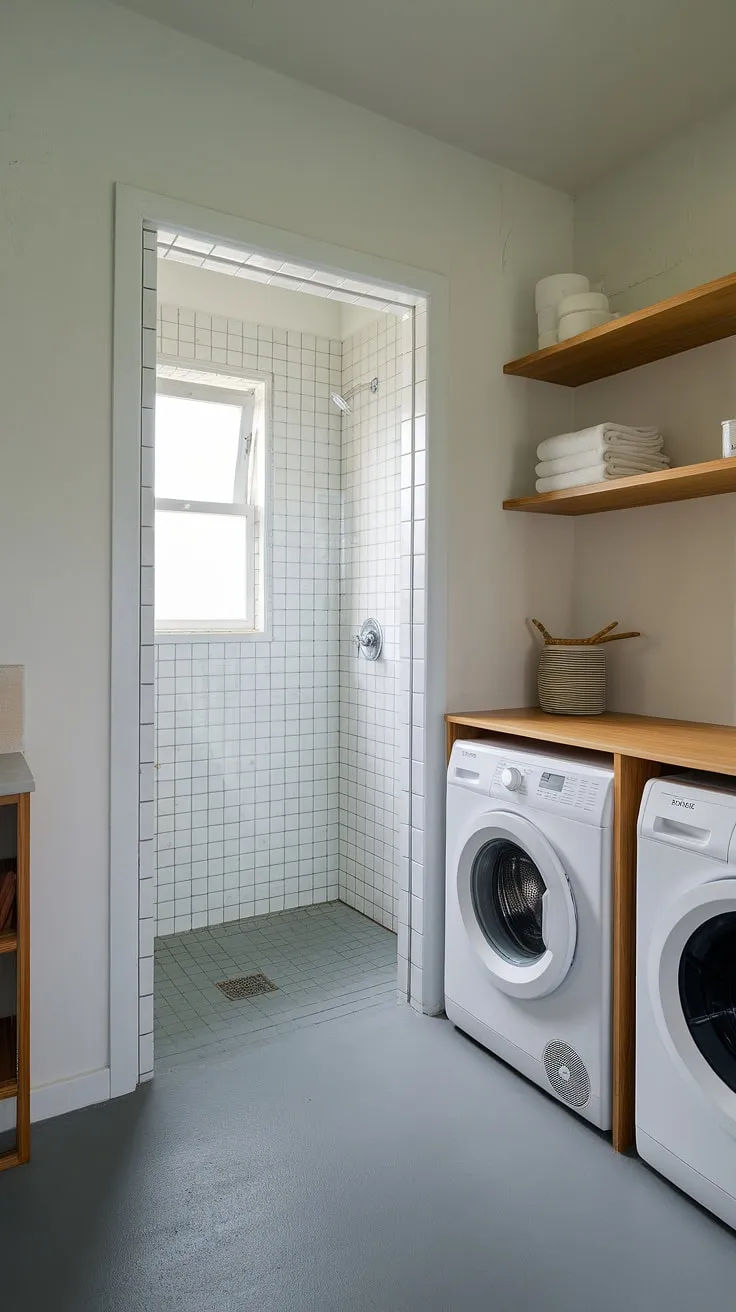 This compact bathroom nook seamlessly integrates a laundry area, proving that even small spaces can be transformed. Explore this bathroom design decor and bathroom design inspiration for clever shower ideas and laundry in bathroom solutions. A perfect example of efficient bathroom layout and bathroom redesign.