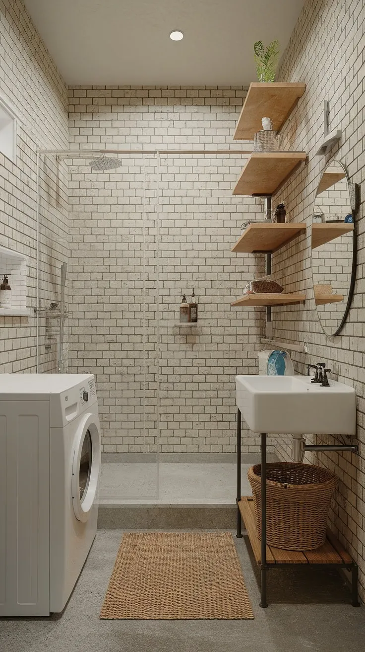 This bathroom redesign showcases a clever use of space, incorporating a cozy bathroom nook alongside a walk-in shower, laundry area, and stylish sink. The exposed brick walls, wooden shelving, and concrete floor create a rustic-chic aesthetic, offering ample bathroom design inspiration. This unique bathroom layout provides both functionality and charm, making it a perfect example of bathroom design decor and bathroom inspiration decor. Shower ideas abound in this space, and the inclusion of laundry in the bathroom adds to its practicality.