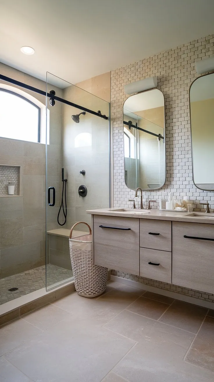 This stunning bathroom redesign showcases a clever bathroom layout, incorporating a cozy bathroom nook and seamlessly integrating laundry in the bathroom. The walk-in shower, complete with a built-in bench, offers a spa-like experience, while the floating double vanity and unique patterned wall provide ample storage and stylish bathroom design decor. This bathroom design inspiration is perfect for those seeking shower ideas and functional yet beautiful bathroom inspiration decor.