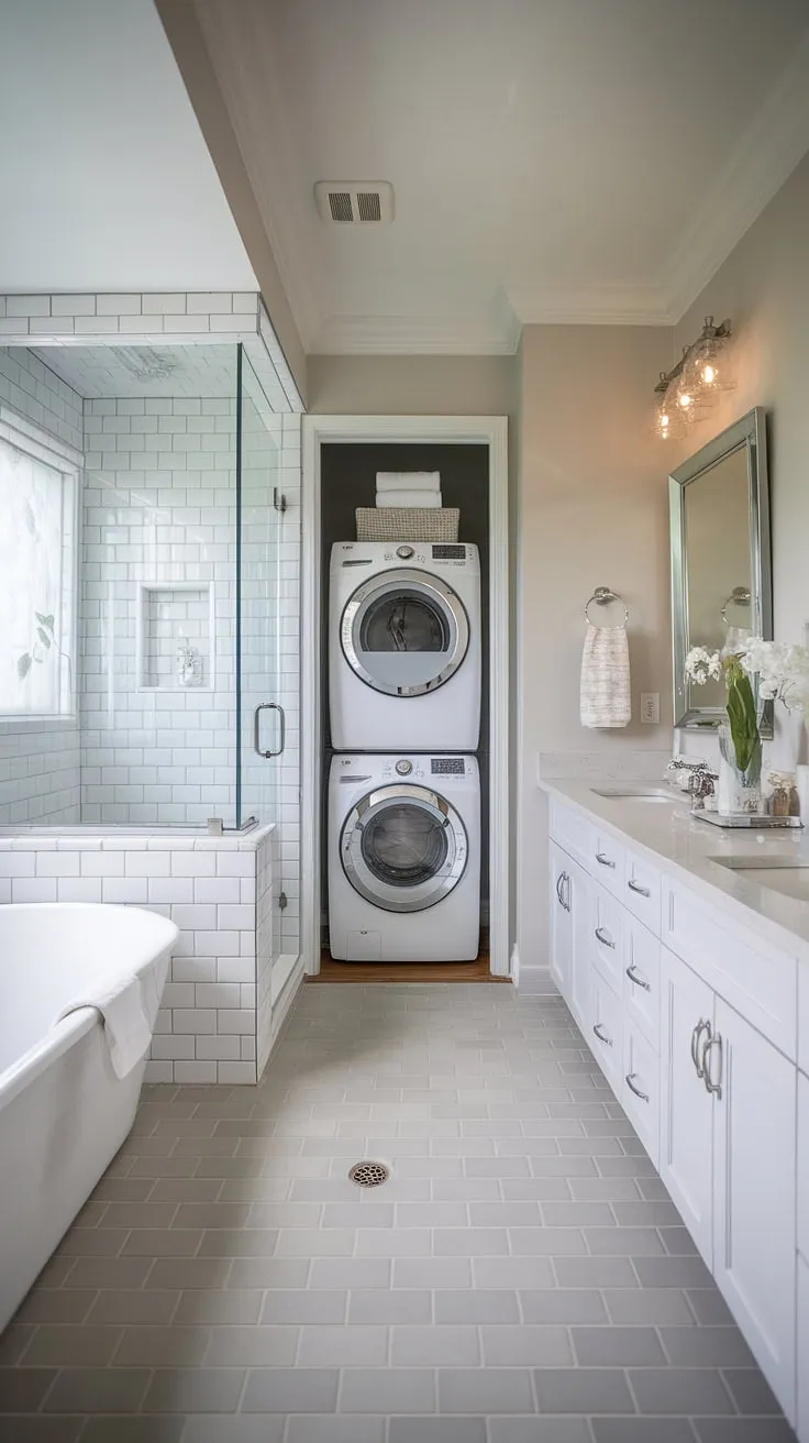 A complete bathroom redesign showcasing a practical and stylish bathroom layout. This bathroom design inspiration features a dedicated bathroom nook perfectly sized for a washer and dryer, solving the problem of laundry in the bathroom. The white fixtures, including a luxurious soaking tub and a separate shower with glass shower ideas, are complemented by a double vanity and a light and airy color scheme. The gray and white tiled floor adds a touch of elegance to this bathroom design decor. This bathroom inspiration decor is a testament to efficient and beautiful space planning.