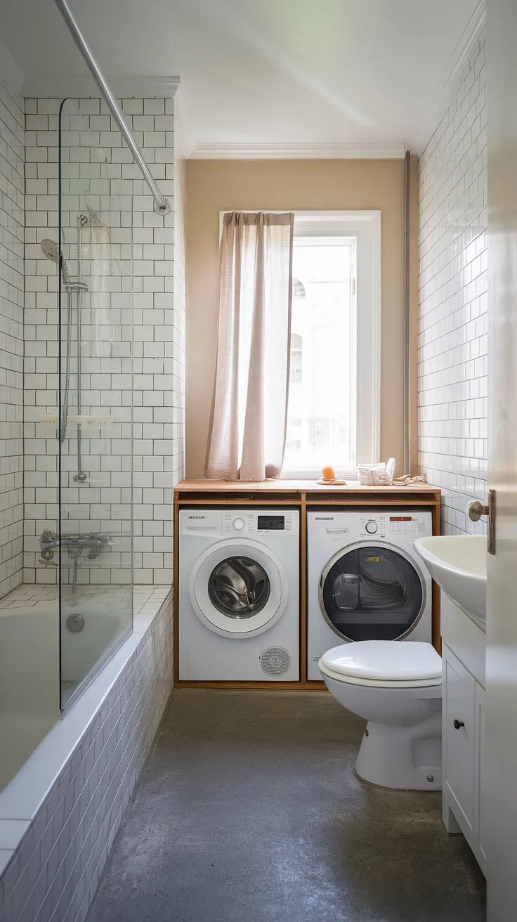 Dreamy bathroom nook achieved! This bathroom design decor showcases a functional laundry in bathroom solution, proving that even small spaces can be transformed with smart bathroom layout and clever design.