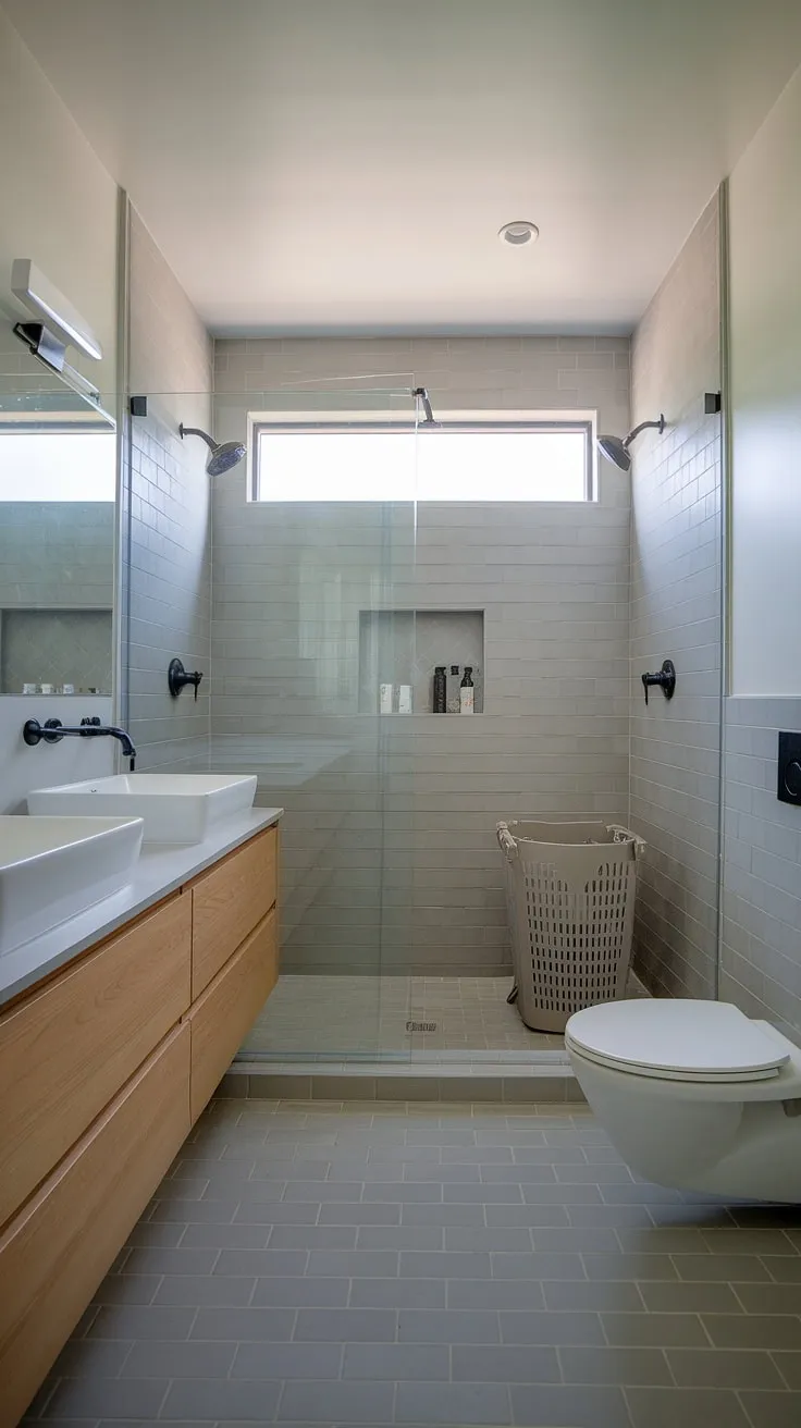 Clean lines and thoughtful design define this bathroom redesign. A modern double vanity anchors the space, while a frameless glass shower, cleverly incorporating laundry in the bathroom, offers a unique solution for a small bathroom nook. This bathroom layout is a masterclass in efficient space planning, providing ample bathroom design inspiration. The gray tiles and white walls create a serene atmosphere, making it a perfect example of stylish bathroom design decor and shower ideas.