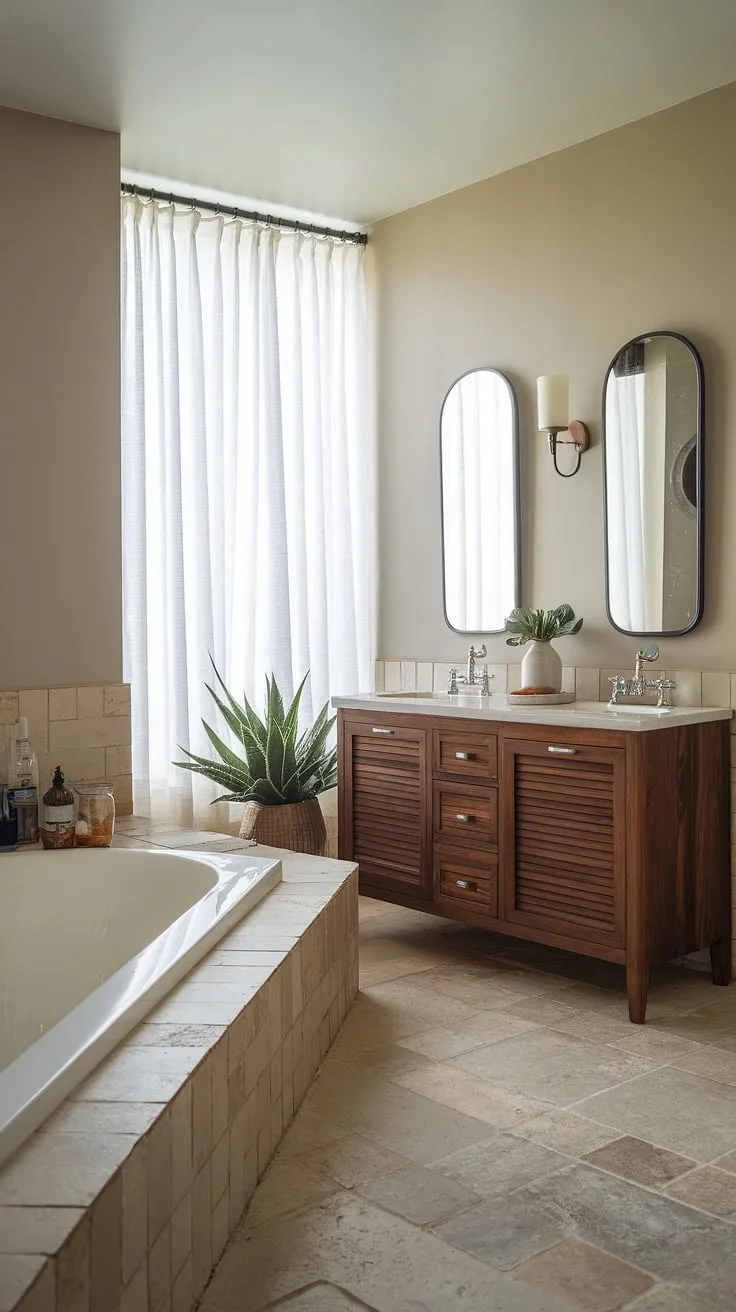 Bathroom design inspiration at its finest! This cozy bathroom nook boasts a calming aesthetic and functional bathroom layout. The bathroom redesign proves that even limited space can be maximized for style and practicality. Explore endless bathroom inspiration decor and shower ideas within this compact yet elegant design. Consider this a perfect example of how to incorporate laundry in bathroom solutions seamlessly.