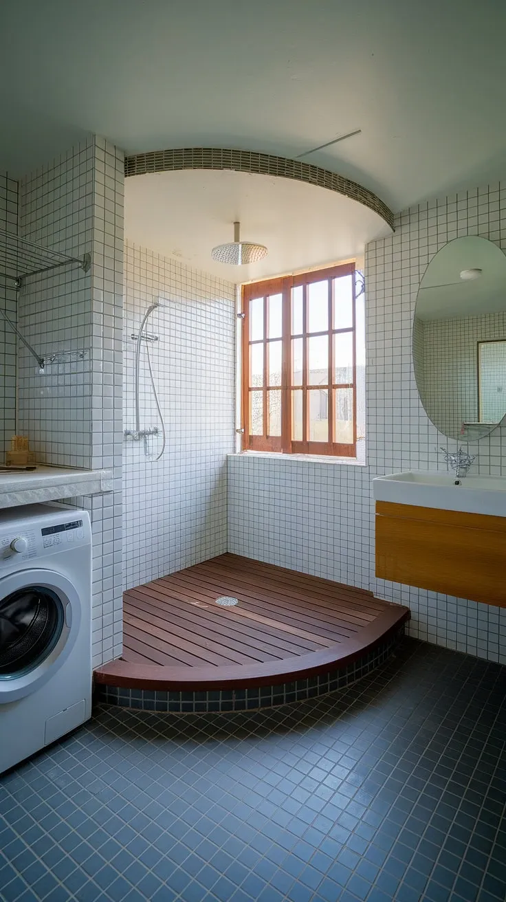 Transform your bathroom routine with this unique bathroom nook. Clever bathroom layout maximizes space, showcasing innovative shower ideas and seamlessly integrating laundry in bathroom. Bathroom redesign inspiration at its finest.