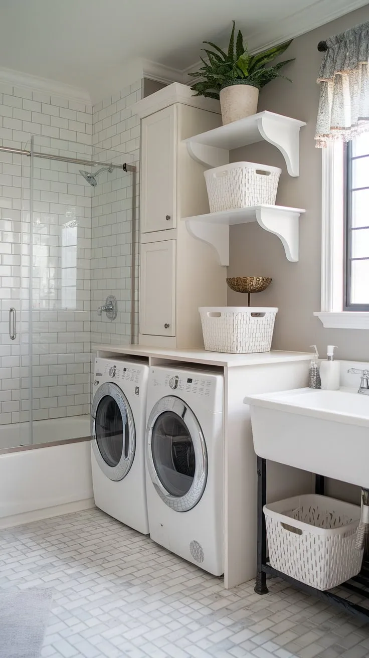 This stunning bathroom redesign showcases a clever bathroom layout incorporating a practical laundry nook. The white-on-white palette, accented with gray floor tiles, creates a bright and airy feel. Note the thoughtful shower ideas, including the glass-enclosed tub and shower combo, and the stylish bathroom design decor, complete with white cabinetry and charming plants. This bathroom design inspiration offers a perfect blend of functionality and aesthetic appeal, proving that laundry in bathroom can be seamlessly integrated. The overall design is a testament to smart bathroom nook planning.