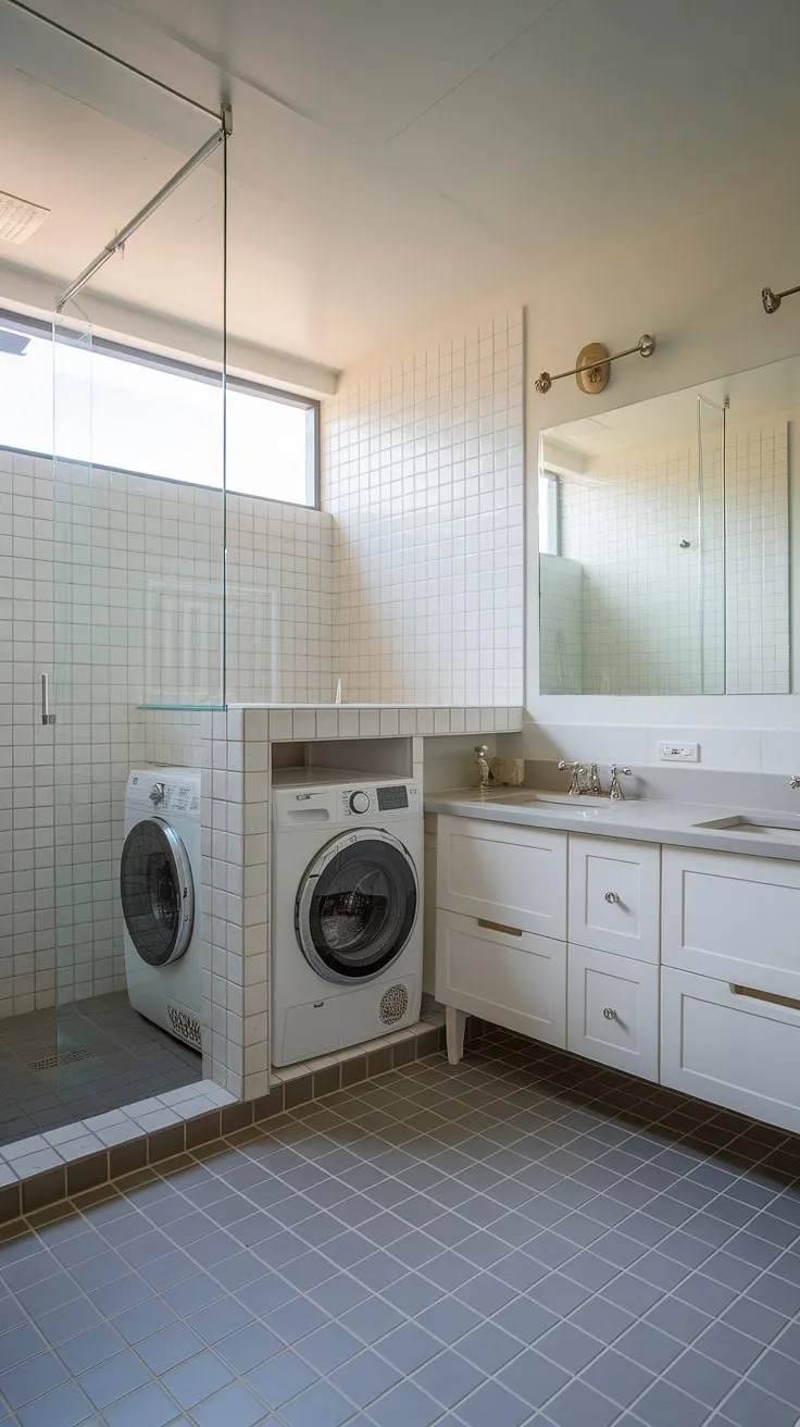 A complete bathroom redesign, this space expertly blends functionality and style. The clever bathroom layout includes a dedicated bathroom nook housing a washer and dryer, a perfect solution for laundry in the bathroom. The modern design features a walk-in shower with chic shower ideas, separated by a sleek glass partition. A double vanity, grey and white tiled floors, and a large mirror contribute to the overall bathroom design decor. This bathroom inspiration decor is a testament to how a thoughtful bathroom nook can enhance both the aesthetic and practicality of a bathroom. This bathroom design inspiration is perfect for those looking to maximize space and create a luxurious feel.