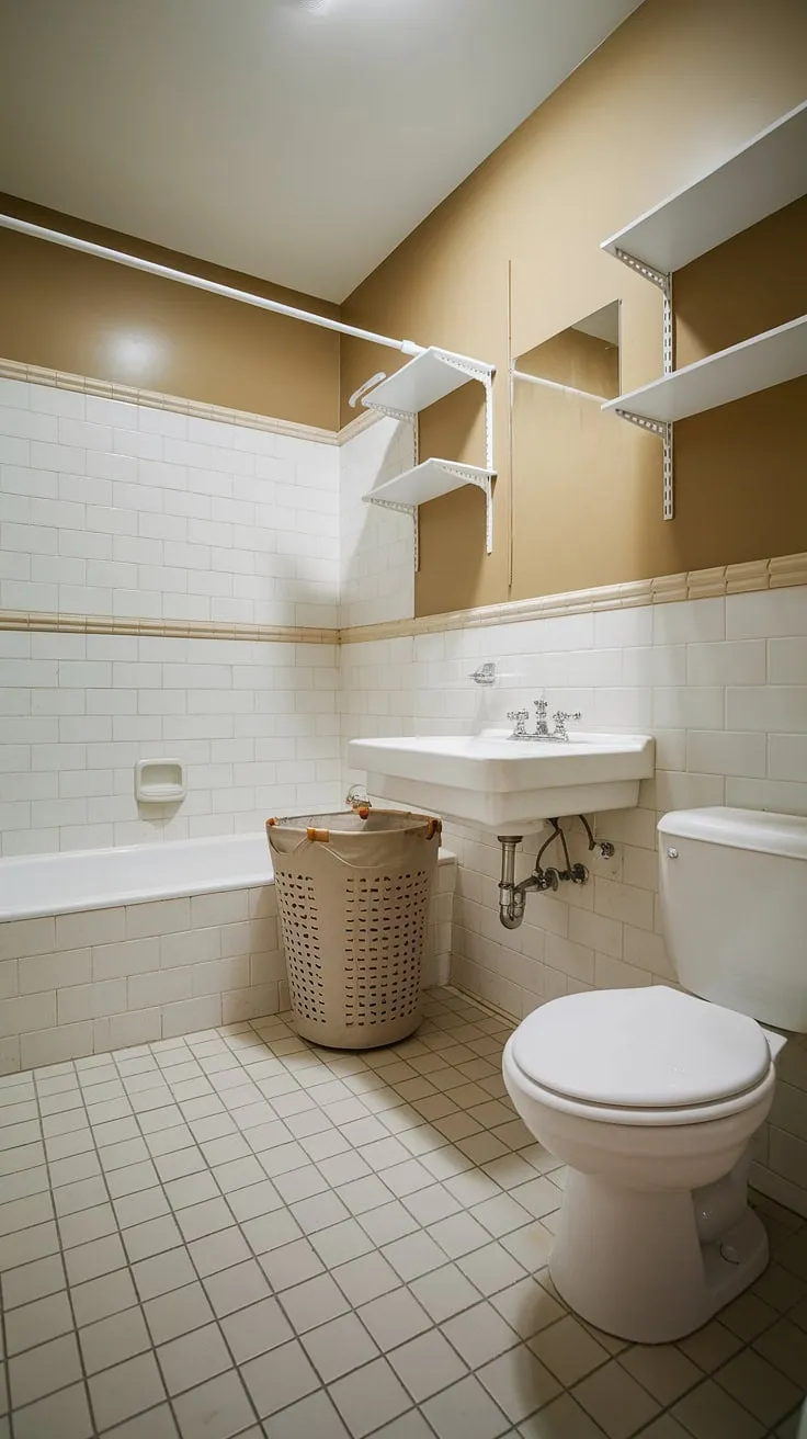 Efficient and stylish, this bathroom nook seamlessly integrates laundry, proving that smart bathroom layout and clever bathroom design decor can maximize space. Bathroom redesign inspiration at its finest.