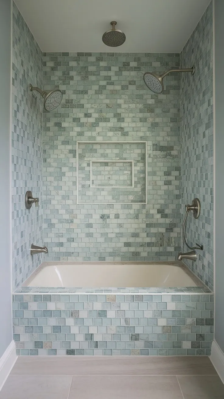 This stunning bathroom renovation showcases trending tile ideas, featuring a large format tile shower and bathtub surround in a captivating sea glass tile design. The colorful shower tile and tub tile walls, reminiscent of beach bathroom tile, create a serene oasis with a mix of blues, greens, and whites. The light grey floor tile complements the mosaic bathroom ideas perfectly, while the ceiling-mounted showerhead adds a touch of modern elegance.