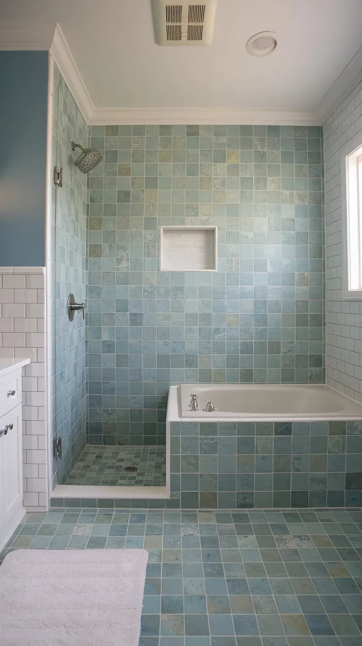 This bathroom shower boasts a truly captivating design. The focal point is undoubtedly the luxurious bathtub surround and shower, crafted from stunning large format sea glass tile. The beach bathroom tile's mix of blues, greens, and clears creates a vibrant yet serene atmosphere. These colorful shower tile choices, along with the white vanity and rug, make this a perfect example of trending tile ideas and innovative mosaic bathroom ideas. The use of sea glass tile throughout, including the floor, elevates this space to a true sanctuary.