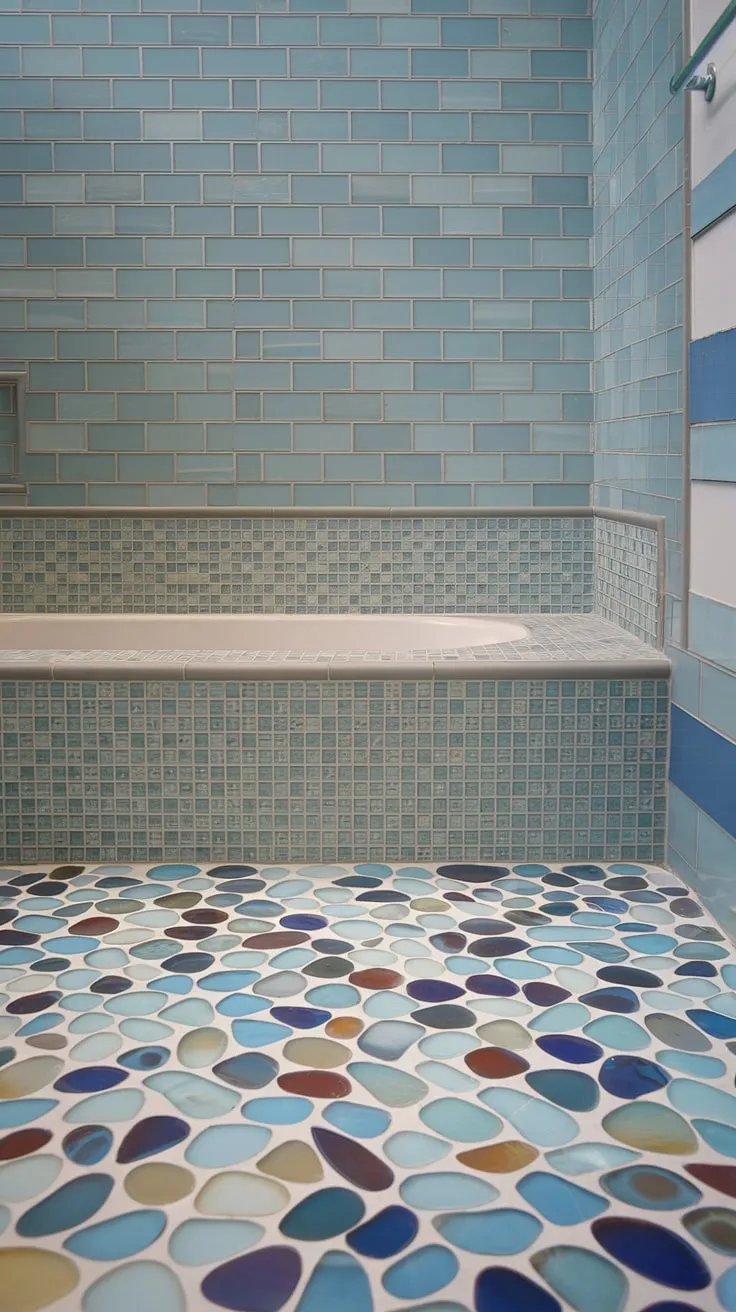 Escape to paradise every day in this dreamy beach bathroom. The bathroom shower features a captivating sea glass tile floor, a vibrant example of colorful shower tile. The bathtub surround, crafted from mosaic tile, creates a mesmerizing wave effect. Large format tile on the tub tile walls complements the intricate shower tile and completes the serene coastal aesthetic. This design showcases trending tile ideas and innovative mosaic bathroom ideas, making it a true testament to beach bathroom tile perfection.