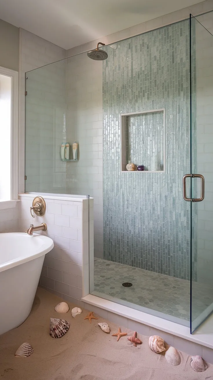 Indulge in the serenity of this bathroom shower, where large format tile meets the captivating beauty of sea glass tile. The colorful shower tile and mosaic bathroom ideas create a tranquil beach bathroom retreat, complete with a luxurious bathtub surround and tub tile walls.