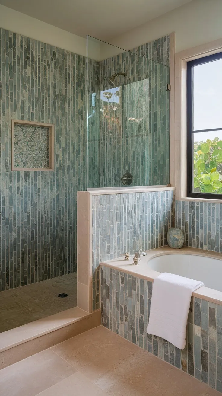 Indulge in the tranquility of this beach-inspired bathroom. The colorful shower tile and stunning sea glass tile create a mesmerizing bathroom shower experience. Large format tile and a beautiful bathtub surround complete this dreamy bathroom tile design, a perfect example of trending tile ideas.