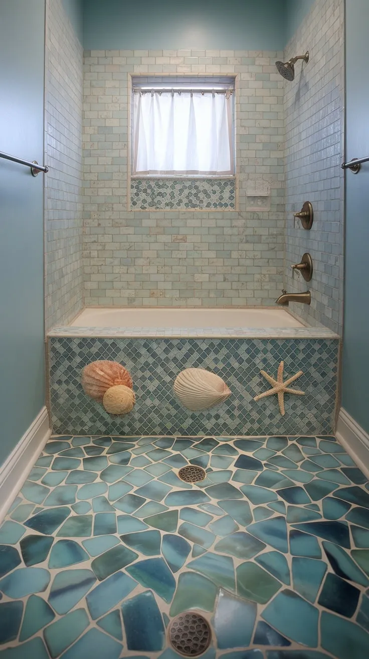 Escape to paradise every morning in this serene beach-themed bathroom. The large format shower tile in sea glass shades creates a calming ocean floor effect, while the mosaic bathtub surround, featuring seashells and starfish, adds a touch of playful whimsy. The light blue walls and sheer window curtain complete the tranquil atmosphere. This bathroom showcases trending tile ideas, including colorful shower tile and mosaic bathroom ideas, making it a perfect example of beach bathroom tile design.
