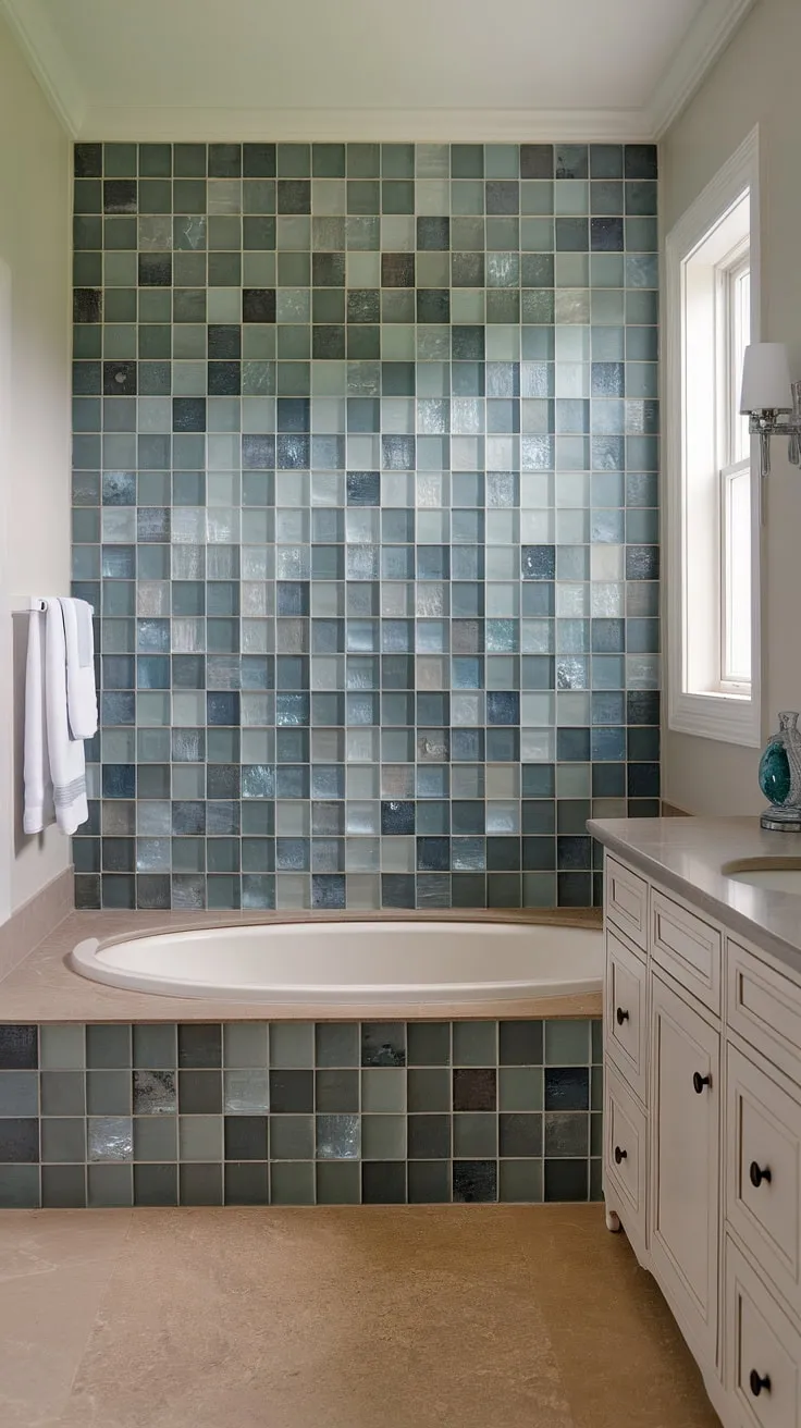 Escape to tranquility with this stunning bathroom shower, featuring a breathtaking sea glass tile backsplash and large format tile tub surround. Trending tile ideas meet serene coastal vibes in this mosaic bathroom design.