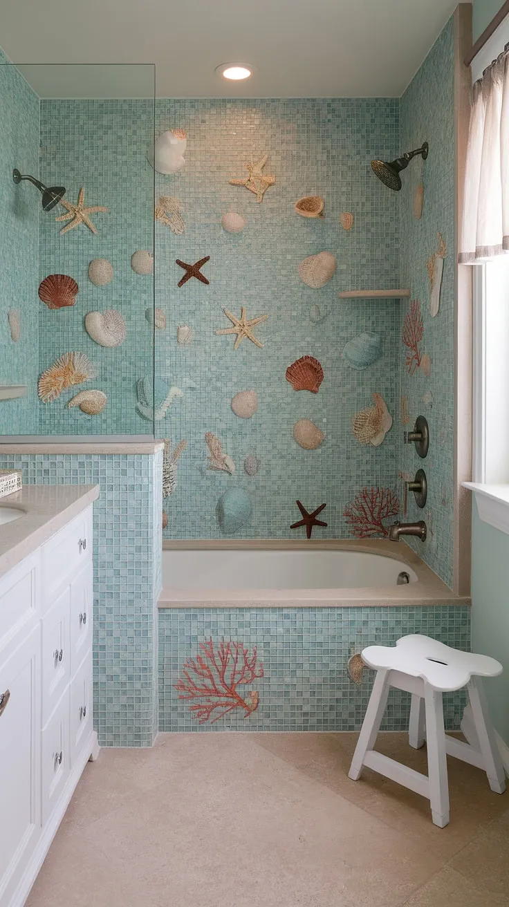 Escape to the coast every day with this dreamy bathroom shower. The beach bathroom tile, a mix of sea glass tile in a large format tile design, covers the shower and bathtub surround, creating a captivating mosaic bathroom ideas. The colorful shower tile and tub tile walls are adorned with seashells, starfish, and coral, making this a truly unique space. The simple white vanity and beige ceramic tile floor complete the look, showcasing trending tile ideas for a relaxing coastal retreat.