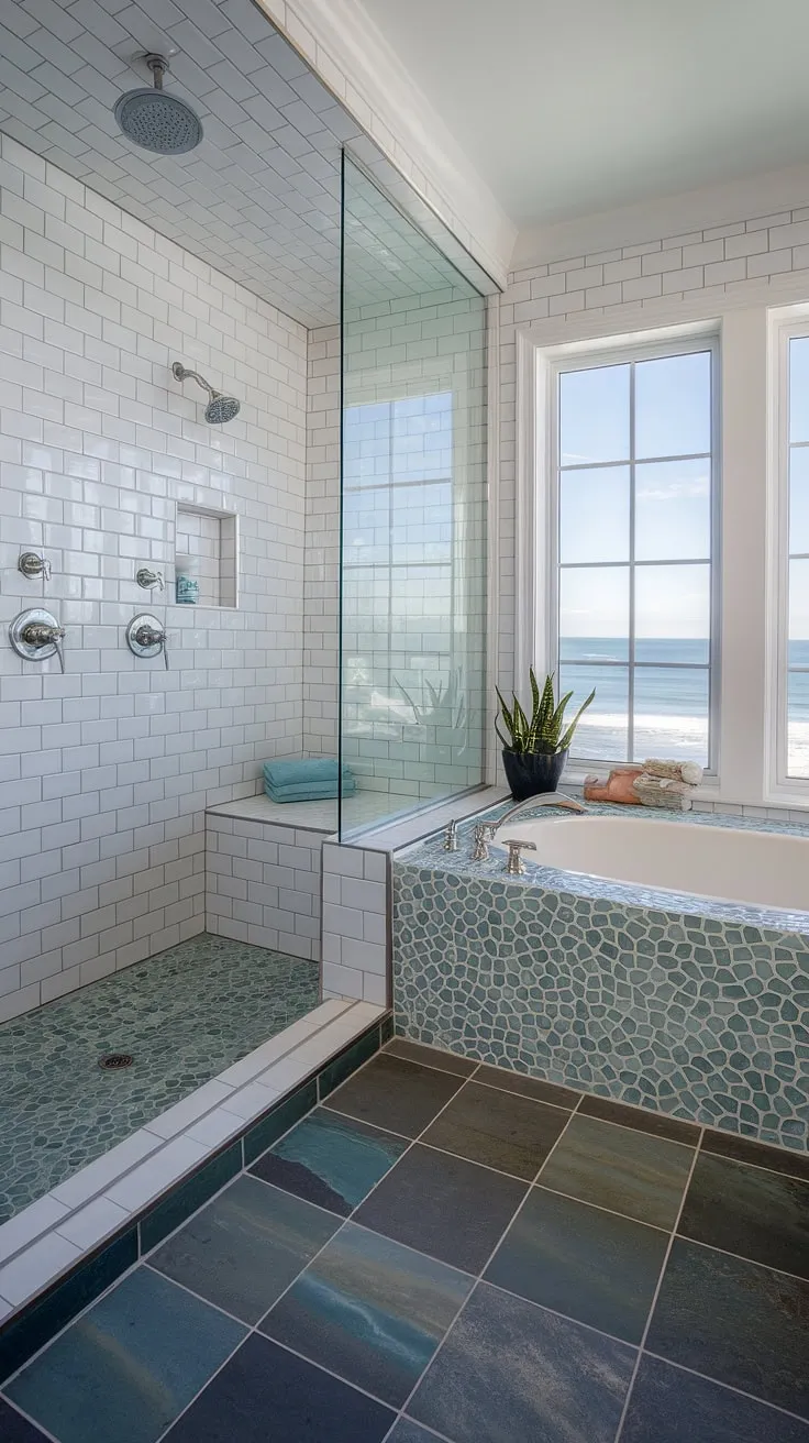 Escape to paradise with this beach bathroom tile haven. The colorful shower tile and mosaic bathroom ideas in this bathroom shower, complete with a built-in bench and ocean views, redefine luxury. The shower tile and tub tile walls are a masterpiece of large format tile and sea glass tile.