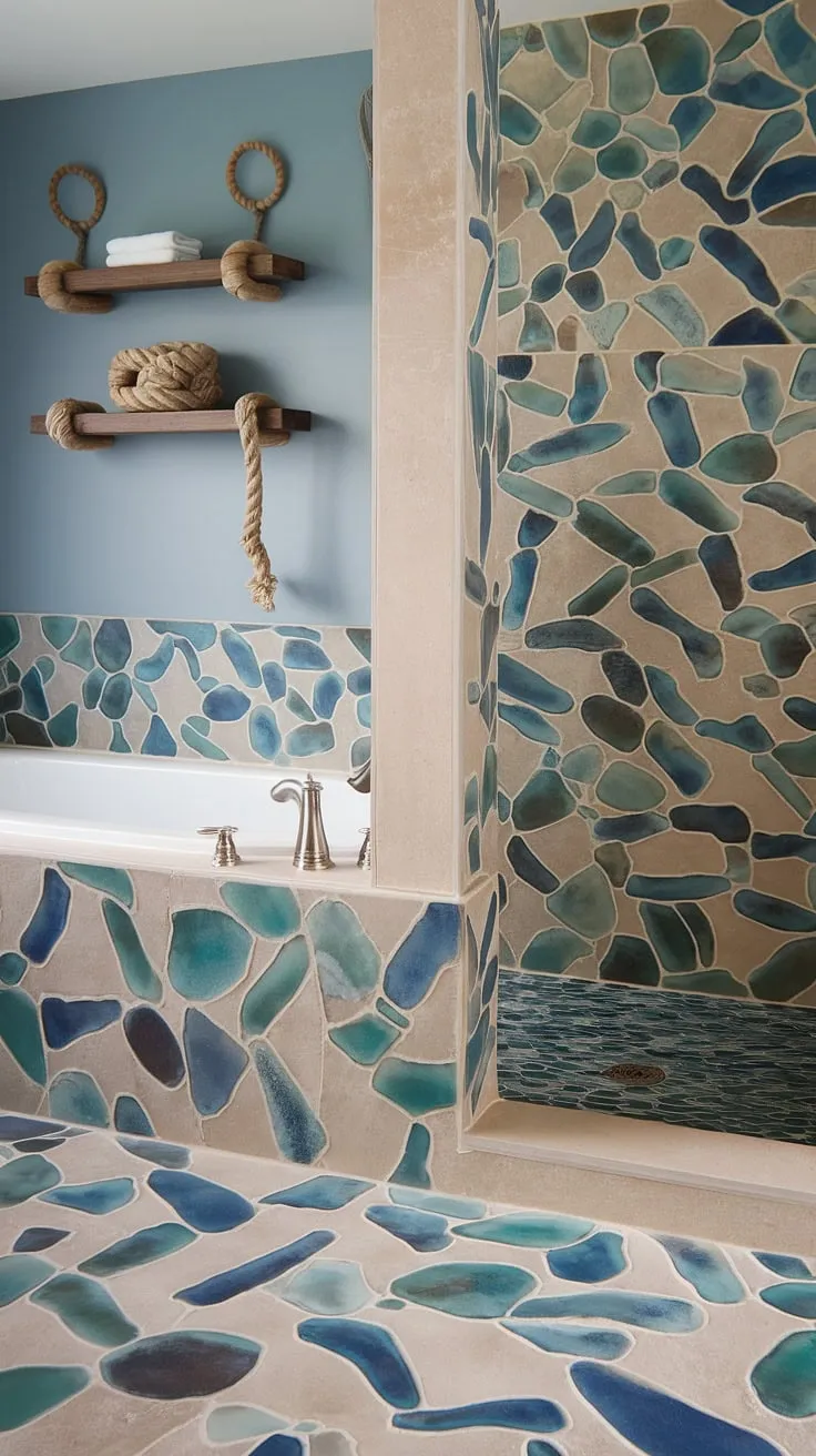 This serene beach bathroom boasts a stunning transformation with large format sea glass tile creating a captivating bathtub surround. The shower features coordinating, smaller format shower tile in a similar design, while the tub tile walls complete the cohesive look. Nautical accents, like the rope detail and wooden shelf, perfectly complement the colorful shower tile and trending tile ideas. This mosaic bathroom ideas showcases the beauty of beach bathroom tile.