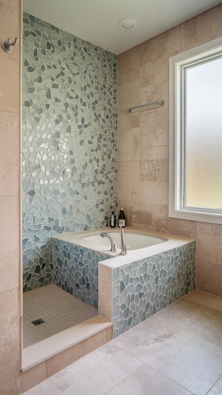 Escape to tranquility with this stunning bathroom shower, featuring a large format tile design and a captivating sea glass tile mosaic bathtub surround. Trending tile ideas meet serene beach bathroom tile in this dreamy space.