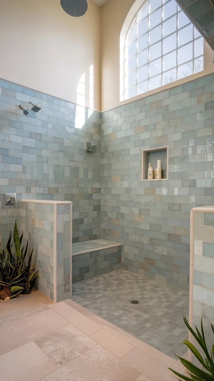 Indulge in the ultimate spa experience with this expansive walk-in shower. The shower tile features large format tile in a captivating sea glass palette, transforming this bathroom into a coastal sanctuary. The beach bathroom tile is a masterclass in trending tile ideas, effortlessly combining colorful shower tile with a neutral floor. A built-in seat and a high ceiling with a window enhance the feeling of spaciousness and light. While a bathtub surround isn't shown, the tub tile walls would undoubtedly complement this stunning design, making it a perfect example of sophisticated mosaic bathroom ideas.
