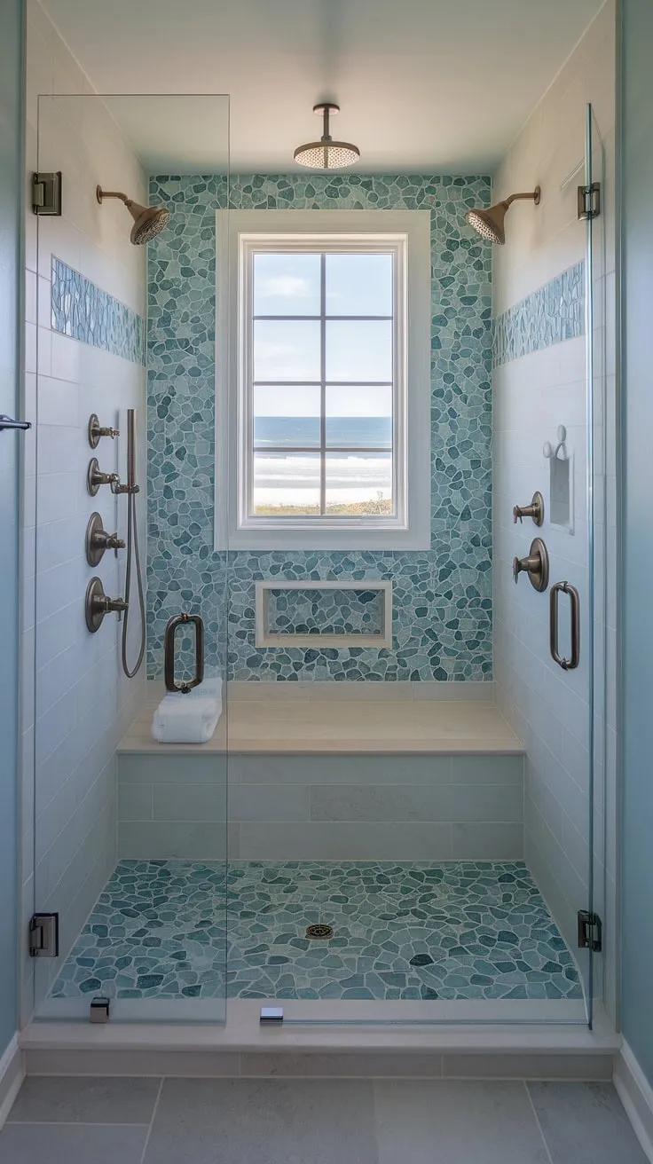 Indulge in this breathtaking bathroom shower. The large format tile shower floor and colorful shower tile, including a mesmerizing sea glass tile mosaic bathtub surround and tub tile walls, create a tranquil beach bathroom tile escape. A showcase of trending tile ideas and mosaic bathroom ideas.