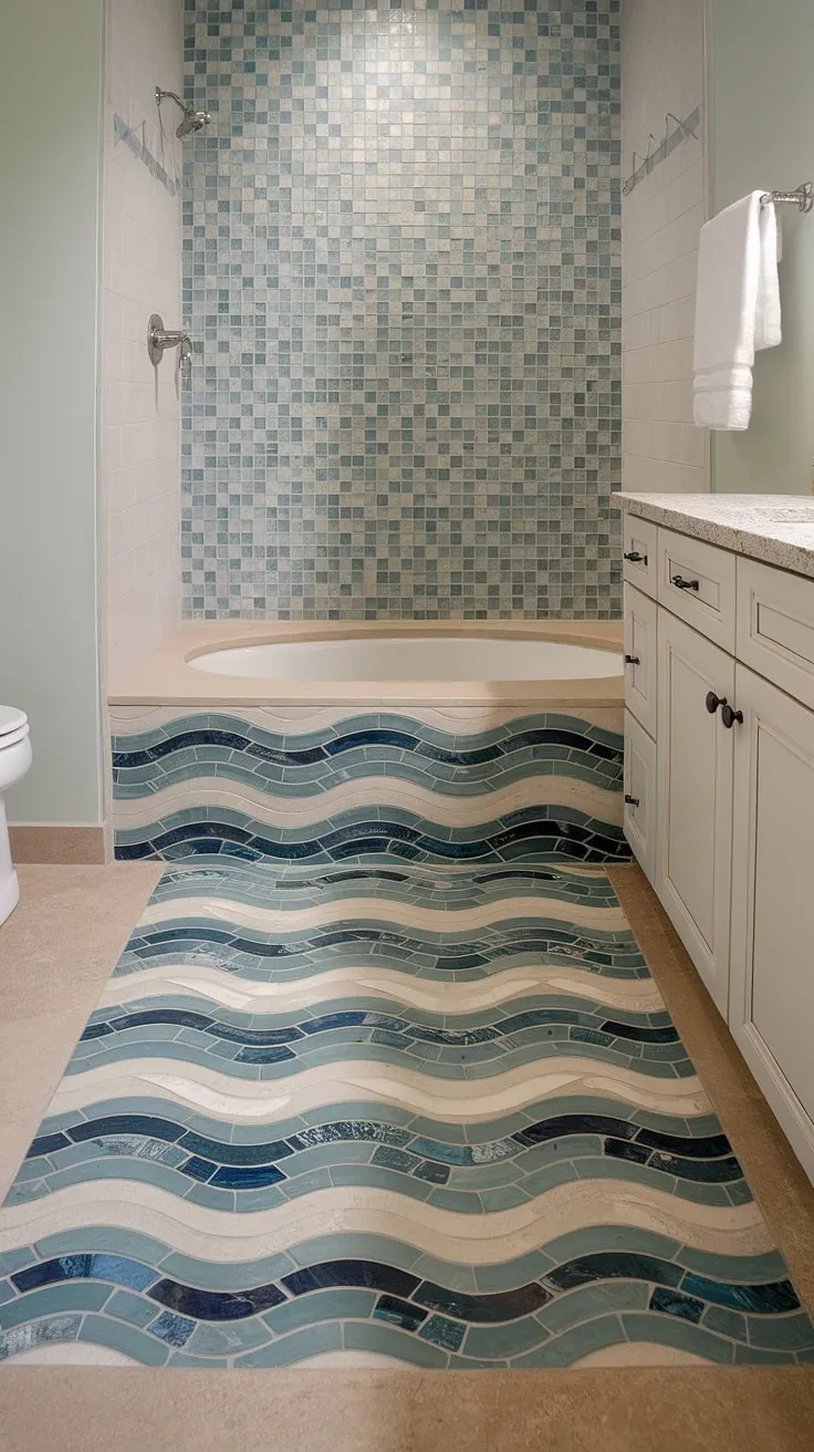 This stunning bathroom renovation showcases trending tile ideas, featuring a large format tile floor and bathtub surround in a captivating beach bathroom tile design. The sea glass tile accents beautifully complement the colorful shower tile and mosaic bathroom ideas used on the tub tile walls, creating a truly relaxing coastal oasis.