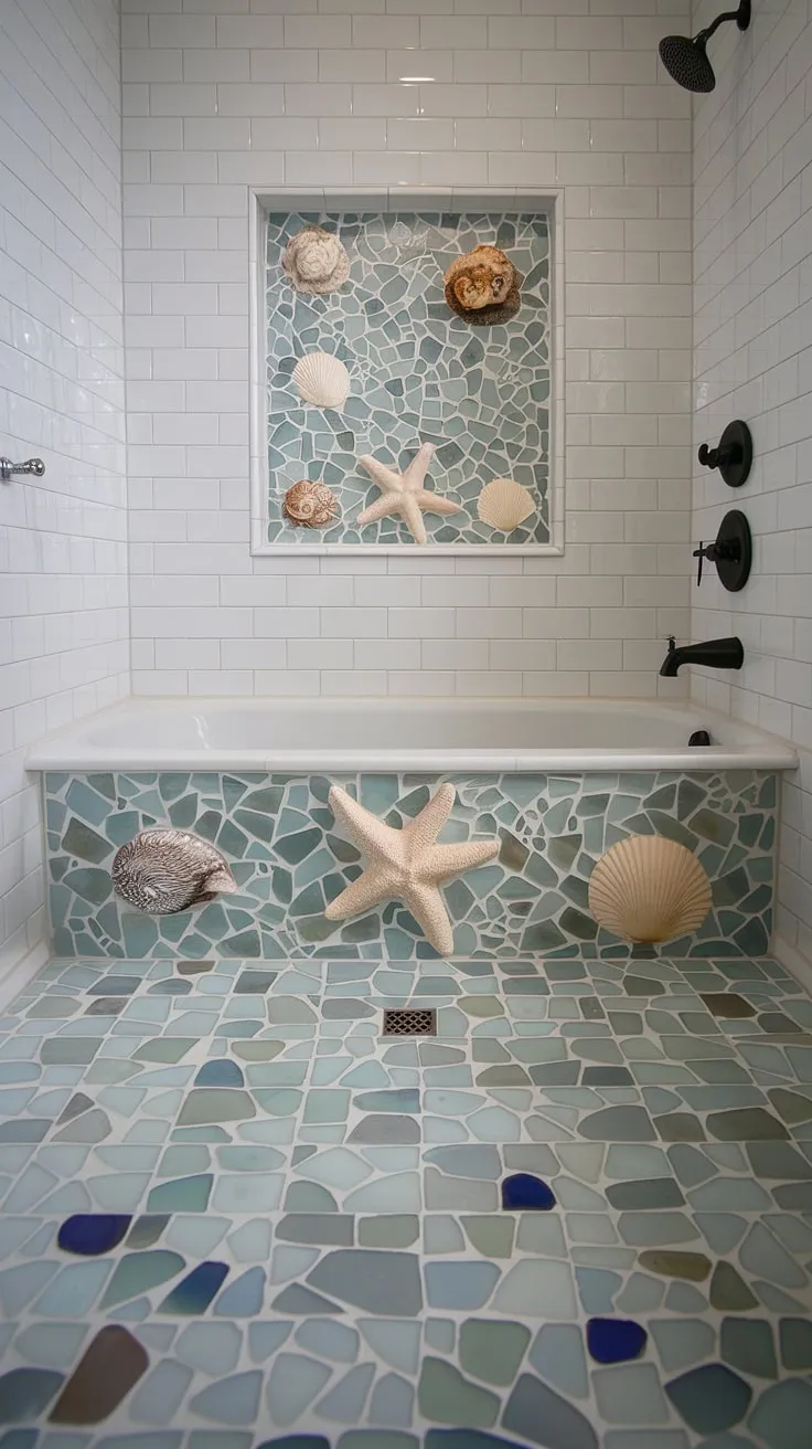 This stunning beach-inspired bathroom boasts a tranquil atmosphere, achieved with a large format tile shower floor featuring captivating sea glass tile in varying shades of blue, green, and clear. The colorful shower tile creates a mesmerizing focal point, complemented by a bathtub surround showcasing a delightful mosaic bathroom ideas design of seashells and starfish. White subway tiles on the tub tile walls provide a clean contrast, making this bathroom shower a perfect example of trending tile ideas in coastal bathroom design.