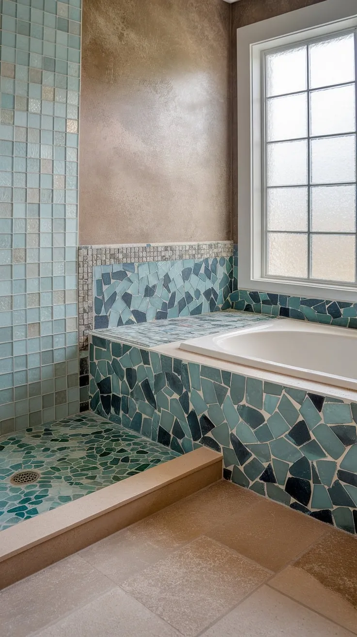 This stunning bathroom renovation showcases trending tile ideas, featuring a large format tile floor in a calming beige. The focal point is the luxurious bathroom shower, boasting a colorful shower tile mosaic floor crafted from exquisite sea glass tile. The bathtub surround, with its beach bathroom tile in soothing blues and greens, complements the textured tub tile walls perfectly. The frosted window adds a touch of privacy and natural light.