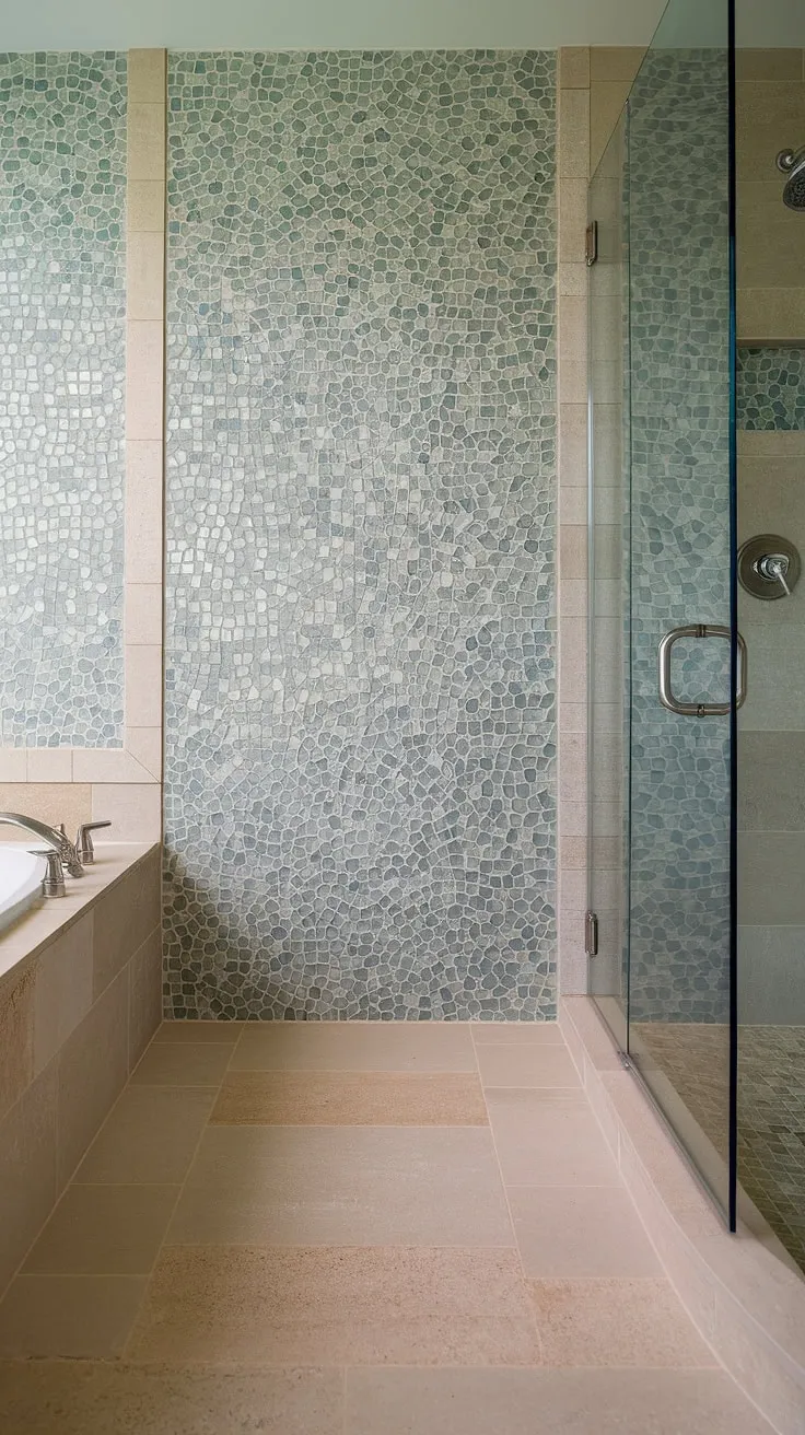 Indulge in the tranquility of this beach-inspired bathroom shower. The large format tile, including a breathtaking sea glass tile bathtub surround and shower tile, sets a calming tone. This mosaic bathroom ideas masterpiece uses trending tile ideas to create a truly unforgettable space.