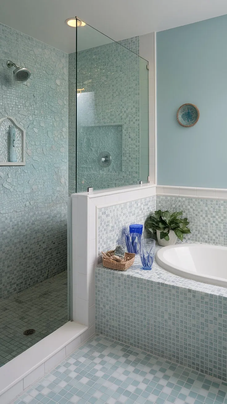 This dreamy beach bathroom boasts a luxurious bathroom shower and bathtub, both adorned with exquisite sea glass tile. The large format tile creates a seamless and elegant look, while the carefully chosen color palette evokes the tranquility of the ocean. The shower tile and bathtub surround are perfectly coordinated, showcasing the beauty of beach bathroom tile. This design is brimming with trending tile ideas and offers inspiration for anyone seeking unique mosaic bathroom ideas.
