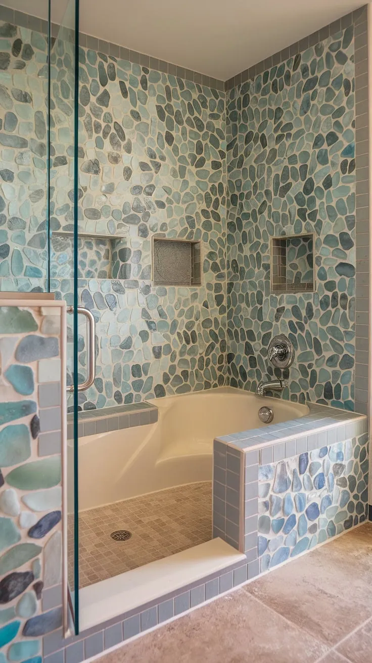 Indulge in the serenity of this breathtaking bathroom shower. The captivating beach bathroom tile, featuring a large format sea glass tile pattern, transforms the shower tile and tub tile walls into a vibrant, colorful shower tile masterpiece. This bathroom tile design is a perfect example of trending tile ideas and stunning mosaic bathroom ideas.