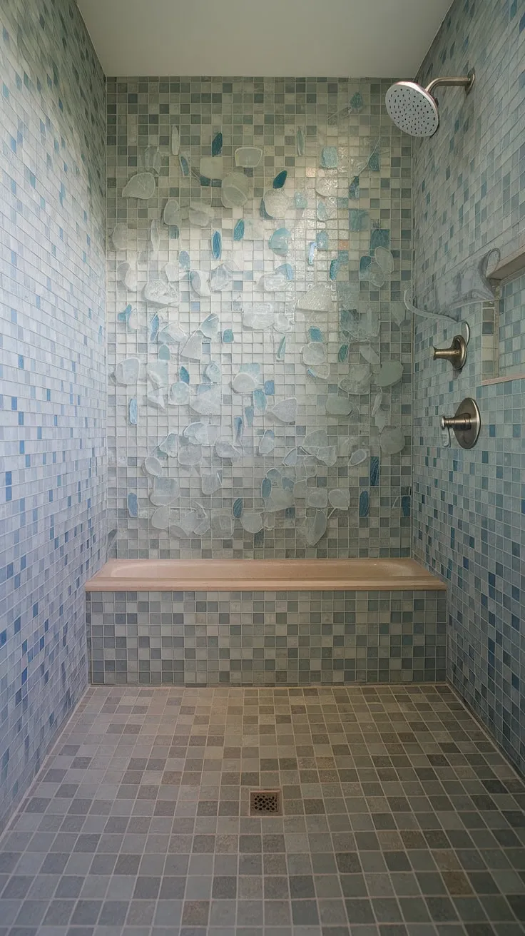 Relax and rejuvenate in this dreamy bathroom shower, boasting a luxurious bathtub surround and captivating sea glass tile. The large format tile floor complements the colorful shower tile perfectly, making this a truly unique and inspiring bathroom tile design.