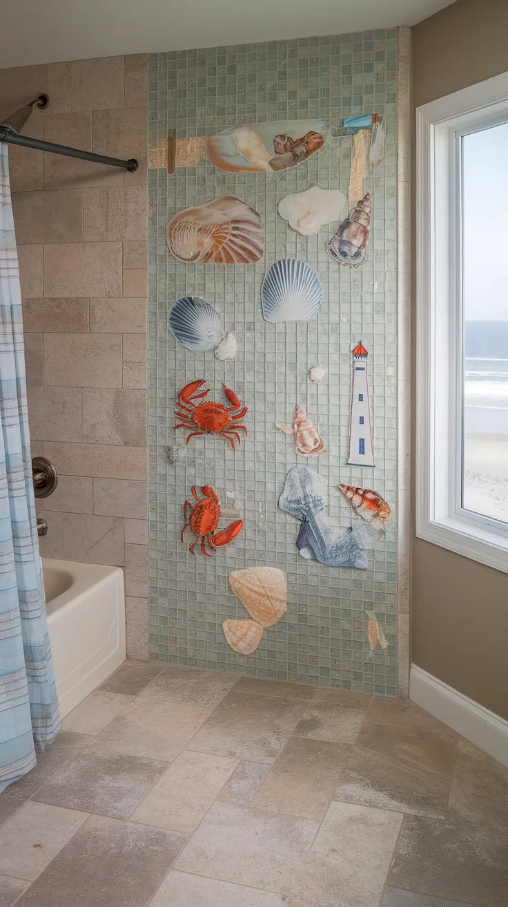 Relax and rejuvenate in this stunning beach-themed bathroom. The eye-catching bathtub surround features a custom sea glass tile mosaic showcasing seashells, crabs, and a lighthouse, creating a truly unique and colorful shower tile design. Large format tile flooring in beige and gray complements the vibrant tub tile walls, while a window offers breathtaking beach views. This bathroom shower showcases trending tile ideas and innovative mosaic bathroom ideas, making it the perfect blend of style and serenity.
