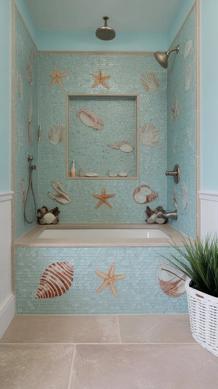 Escape to your own coastal paradise with this stunning bathroom shower. Large format tile flooring complements the breathtaking sea glass tile bathtub surround and colorful shower tile, creating a truly unique beach bathroom tile design. Trending tile ideas meet tranquil relaxation.