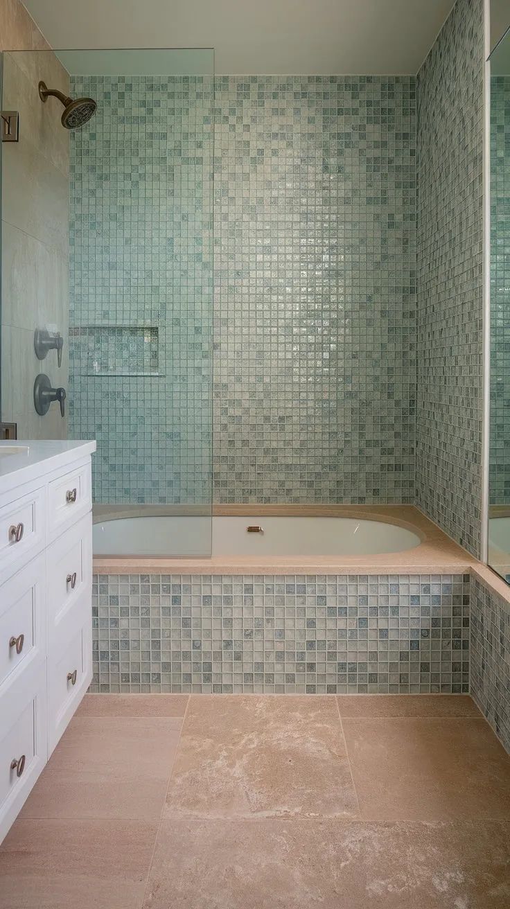 Transform your bathroom with the captivating beauty of this colorful shower tile. The beach bathroom tile's sea glass mosaic pattern, adorning both shower tile and tub tile walls, creates a truly unique and luxurious bathroom shower experience.