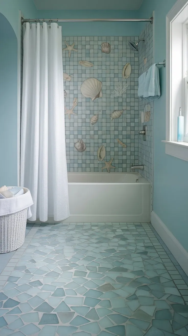 This serene beach-themed bathroom boasts a calming light blue palette. The large format tile shower floor features a stunning sea glass tile mosaic in shades of blue, green, and clear, a truly colorful shower tile. The bathtub surround, showcasing beach bathroom tile with seashells and starfish, complements the shower tile perfectly. Trending tile ideas are on full display with this sophisticated use of mosaic bathroom ideas and tub tile walls. A white shower curtain and simple basket complete the tranquil atmosphere.