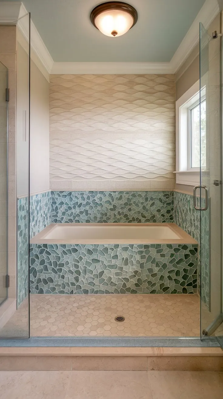 Relax and rejuvenate in this dreamy bathroom. The calming beige shower tile and wave-patterned floor are perfectly complemented by the vibrant sea glass tile bathtub surround. This mosaic bathroom ideas showcase the beauty of beach bathroom tile, with the colorful shower tile and large format tile creating a truly luxurious and trending tile ideas. The shower tile and tub tile walls are a testament to thoughtful design.