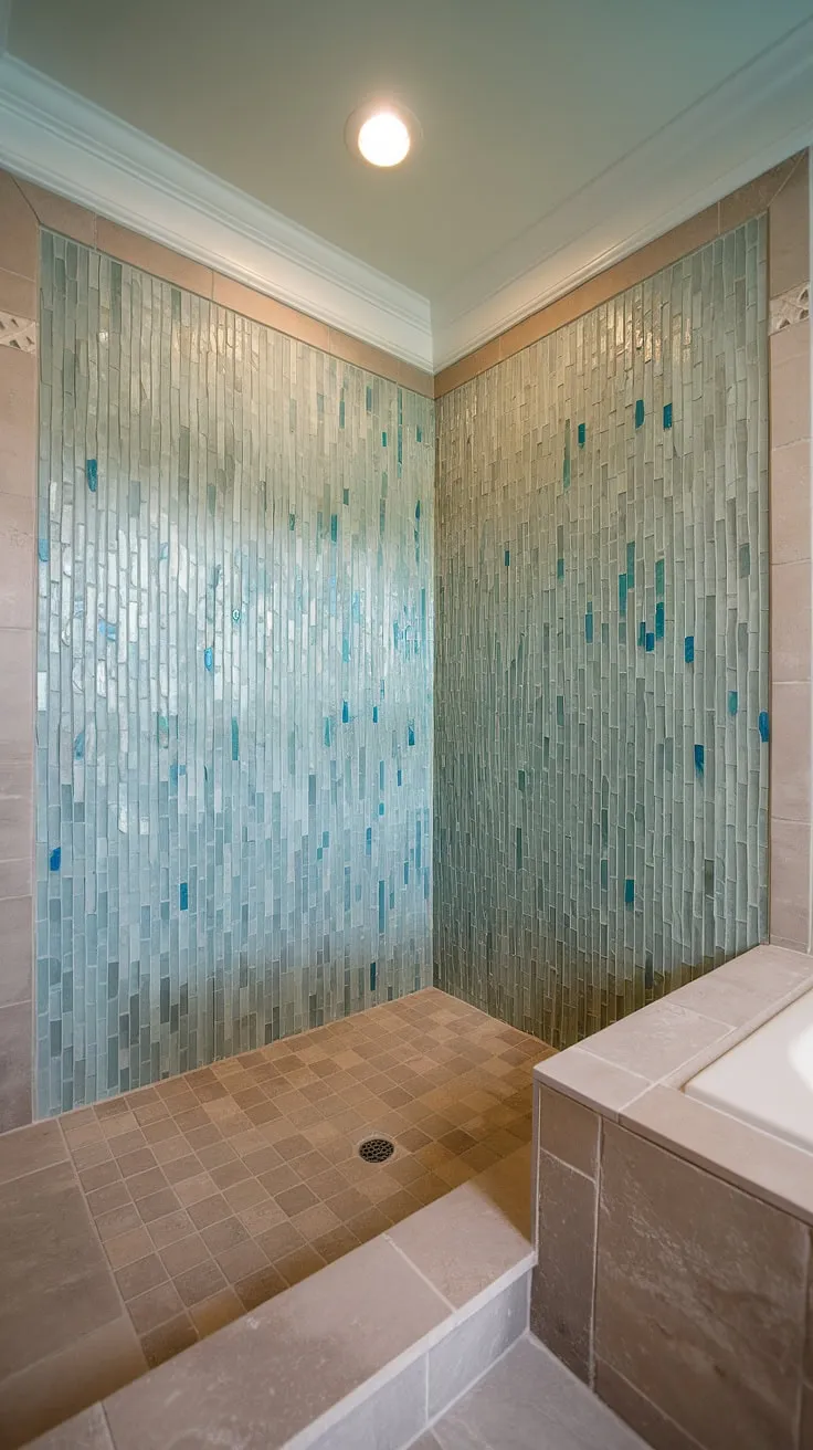 This stunning bathroom remodel showcases trending tile ideas, featuring a large format tile floor in calming beige and grey tones that extends to the bathtub surround. The focal point is undoubtedly the colorful shower tile—a breathtaking sea glass tile mosaic in shades of blue, green, and clear—creating a spa-like atmosphere. This beach bathroom tile design offers a perfect blend of modern and coastal aesthetics, making it a prime example of mosaic bathroom ideas. The large format tile shower floor complements the shower tile beautifully, while the recessed ceiling light enhances the overall luxurious feel.