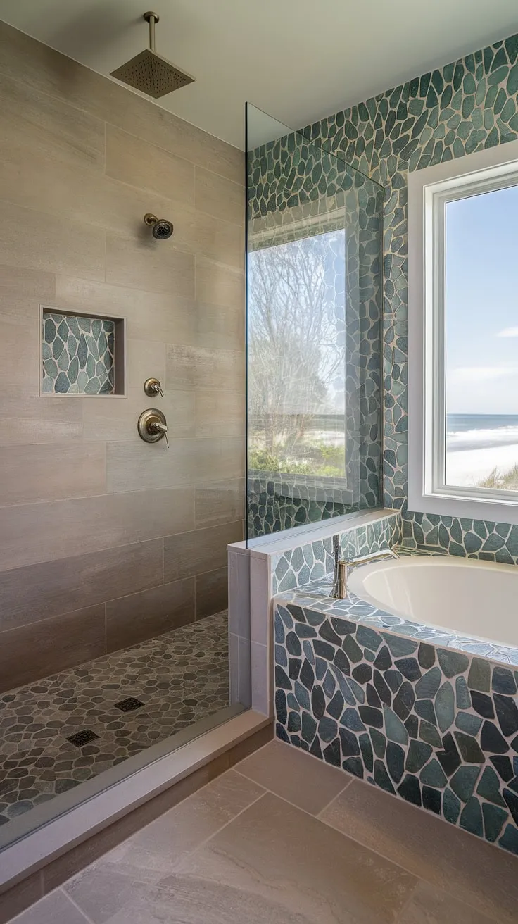 Indulge in this serene beach bathroom, where a rainfall showerhead in a large format tile shower complements a stunning bathtub surround crafted from exquisite sea glass tile. The colorful shower tile and tub tile walls, showcasing trending tile ideas, create a vibrant mosaic bathroom design. Large format tile flooring completes the modern aesthetic, while a window offers breathtaking beach views.
