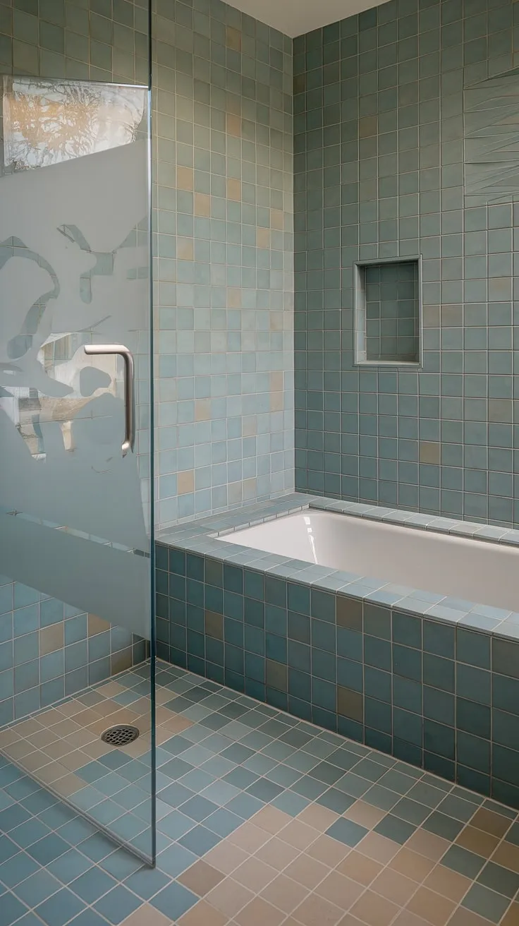 Escape to your own private beach retreat with this luxurious bathroom. The large format tile shower floor and bathtub surround boast a breathtaking beach bathroom tile design, incorporating a stunning gradient of sea glass tile hues. This mosaic bathroom ideas masterpiece features colorful shower tile in blues, greens, and beiges, creating a truly tranquil atmosphere. The shower tile and tub tile walls are seamlessly integrated, while practical elements like the built-in shelf and niche enhance functionality. The frosted glass shower door and integrated drainage system complete this trending tile ideas bathroom.