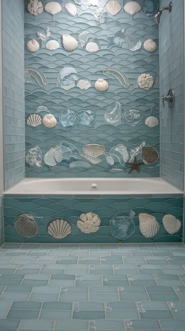 Trending tile ideas meet serene style in this bathroom shower. The shower tile's wave pattern and the mosaic bathroom ideas in the tub tile walls, including sea glass tile, make this a truly unique space.