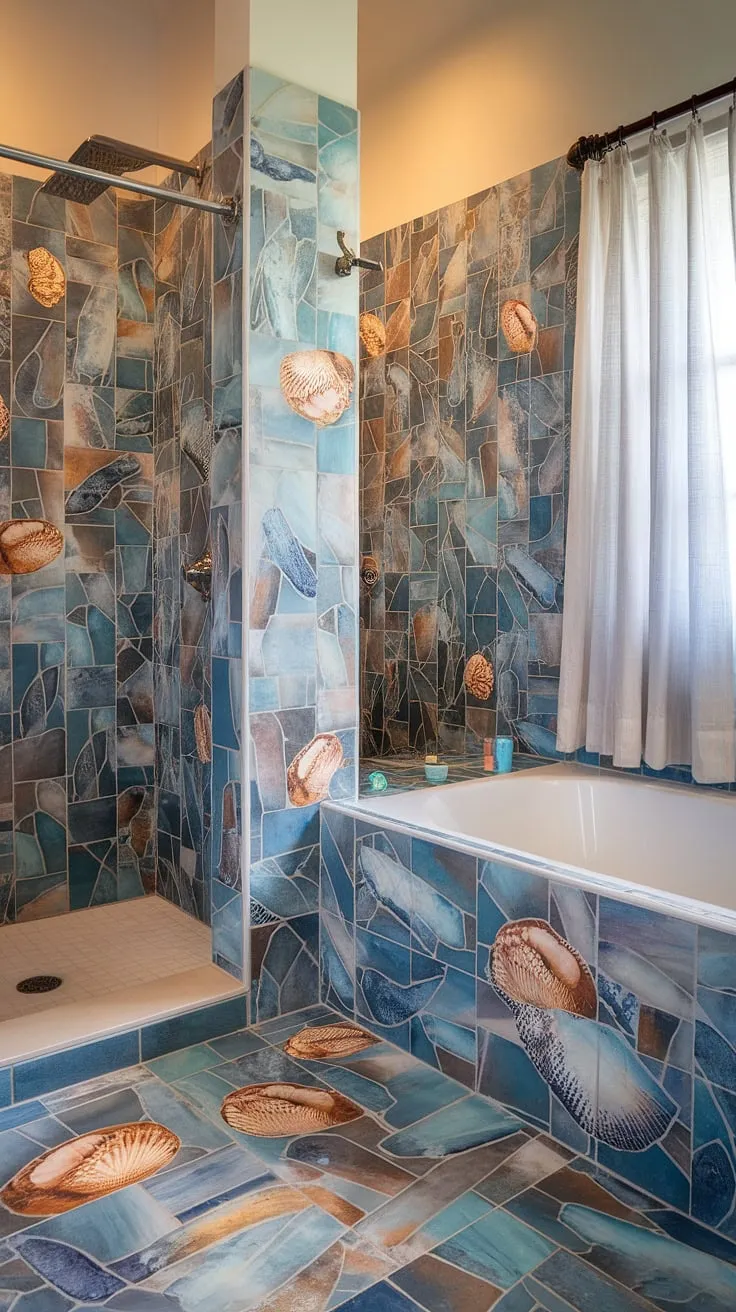 Imagine relaxing in this serene bathroom, where the shower and bathtub are framed by gorgeous beach-inspired bathroom tile. The large format tile, showcasing a vibrant sea glass tile design, transforms the space into a coastal paradise. This stunning bathroom tile installation, with its colorful shower tile and meticulously designed tub tile walls, offers a unique bathtub surround and is a testament to trending tile ideas. The soft lighting and sheer curtains complete the tranquil atmosphere.