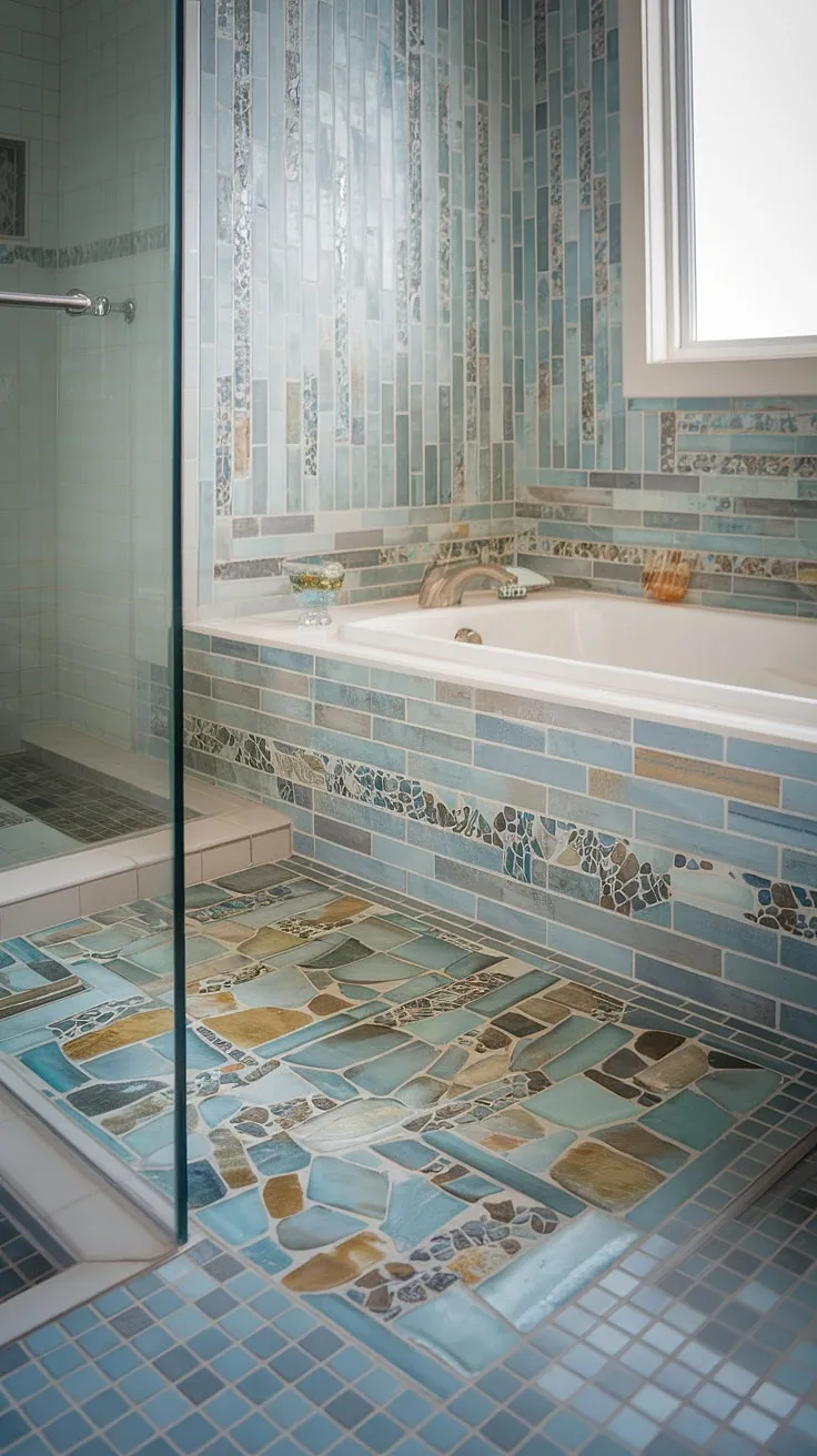 Escape to your own private beach oasis with this stunning bathroom shower, featuring large format tile and a captivating bathtub surround crafted from beach bathroom tile, sea glass tile, and colorful shower tile. Trending tile ideas meet luxurious relaxation.