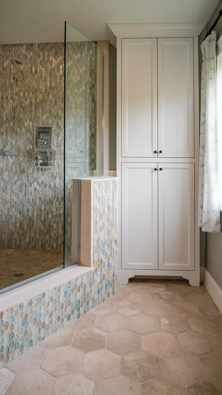 Escape to tranquility in this serene beach bathroom. The focal point is undoubtedly the luxurious bathroom shower and bathtub surround, featuring a breathtaking display of large format tile in a sea glass mosaic. The colorful shower tile and stunning tub tile walls create a captivating mosaic bathroom ideas, while the beige hexagonal bathroom tile flooring provides a calming contrast. This design exemplifies trending tile ideas for a spa-like atmosphere, showcasing the beauty of beach bathroom tile.