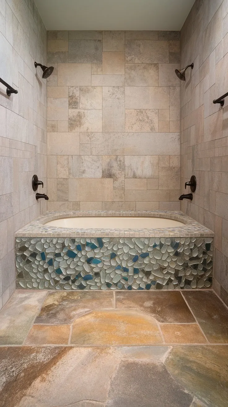Indulge in the ultimate relaxation with this bathroom shower boasting a colorful shower tile mosaic and large format tile walls. The exquisite bathtub surround, crafted from sea glass tile, elevates this mosaic bathroom ideas masterpiece.
