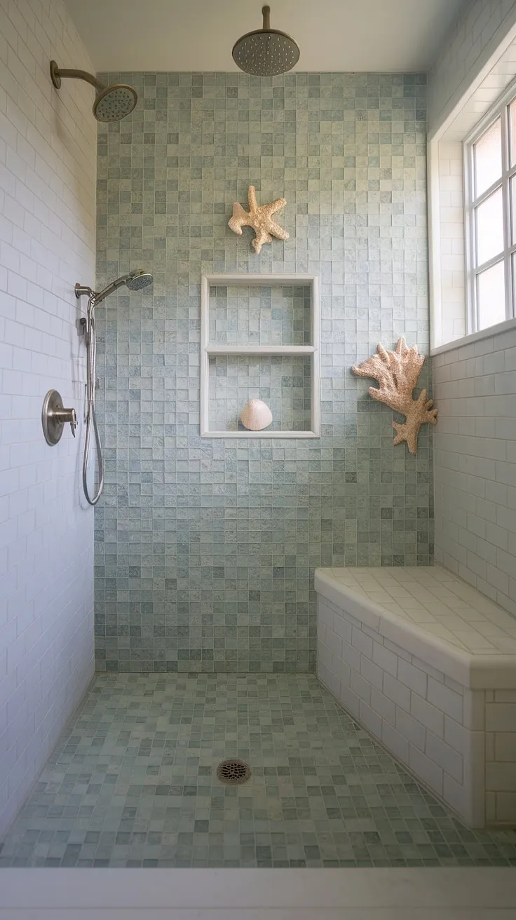 Bathed in natural light, this spa-like bathroom shower boasts a stunning design. The large format tile floor complements the breathtaking sea glass mosaic tile walls, creating a serene beach bathroom tile aesthetic. A built-in bench adds practicality, while the rainfall showerhead enhances the luxurious feel. This colorful shower tile installation showcases trending tile ideas and offers inspiration for mosaic bathroom ideas, particularly for those seeking a unique tub tile walls and bathtub surround. The sea glass tile perfectly captures the calming essence of the ocean.