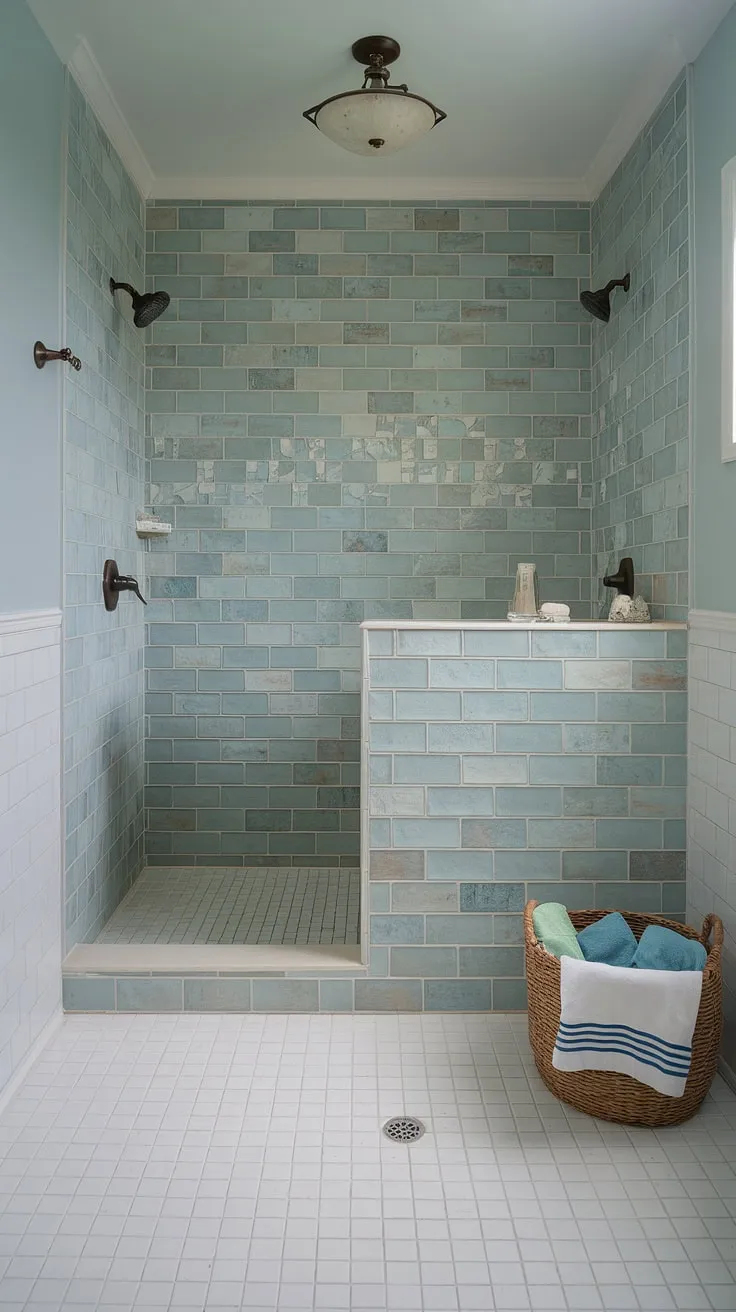 This serene beach bathroom boasts a stunning large-format tile shower and bathtub surround, featuring captivating sea glass tile in shades of blue, green, and white. The colorful shower tile creates a truly tranquil atmosphere, showcasing trending tile ideas for a coastal escape. White subway tiles on the floor complement the tub tile walls, while a woven basket adds a touch of texture. This mosaic bathroom ideas masterpiece is the epitome of relaxation.