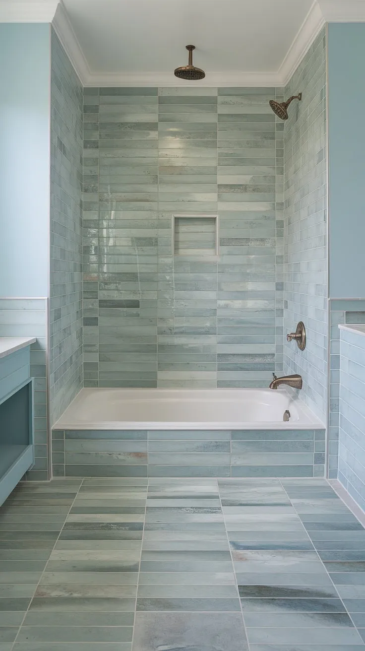 This serene beach bathroom boasts a stunning transformation with large format sea glass tile. The colorful shower tile, used as both shower tile and bathtub surround, creates a captivating focal point. The consistent tub tile walls and floor, featuring this trending tile idea, deliver a cohesive and airy feel. This mosaic bathroom ideas showcases the beauty of beach bathroom tile, a perfect blend of style and relaxation.