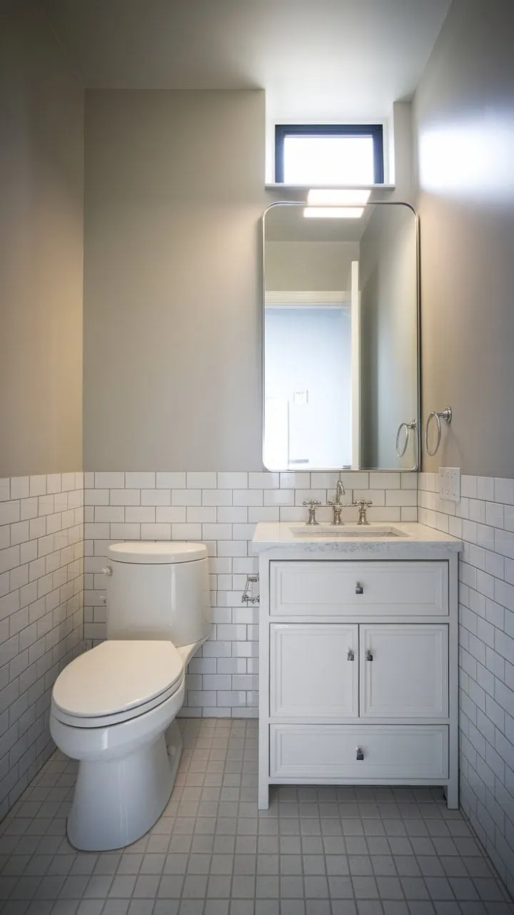 This powder room epitomizes modern elegance with its clean lines, soft gray walls, and bright white fixtures, creating a serene sanctuary for quick refreshes.